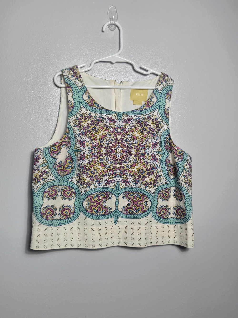 Anthropologie Maeve Linen Blend Mandala Tile Print Cropped Tank Top Blouse